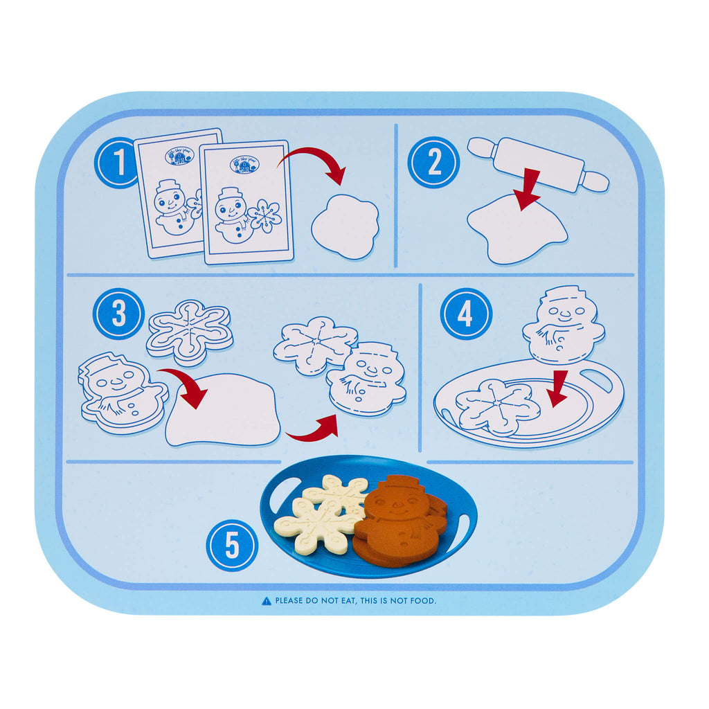 Instructions for making snowmen using a blue tray with illustrations and text.