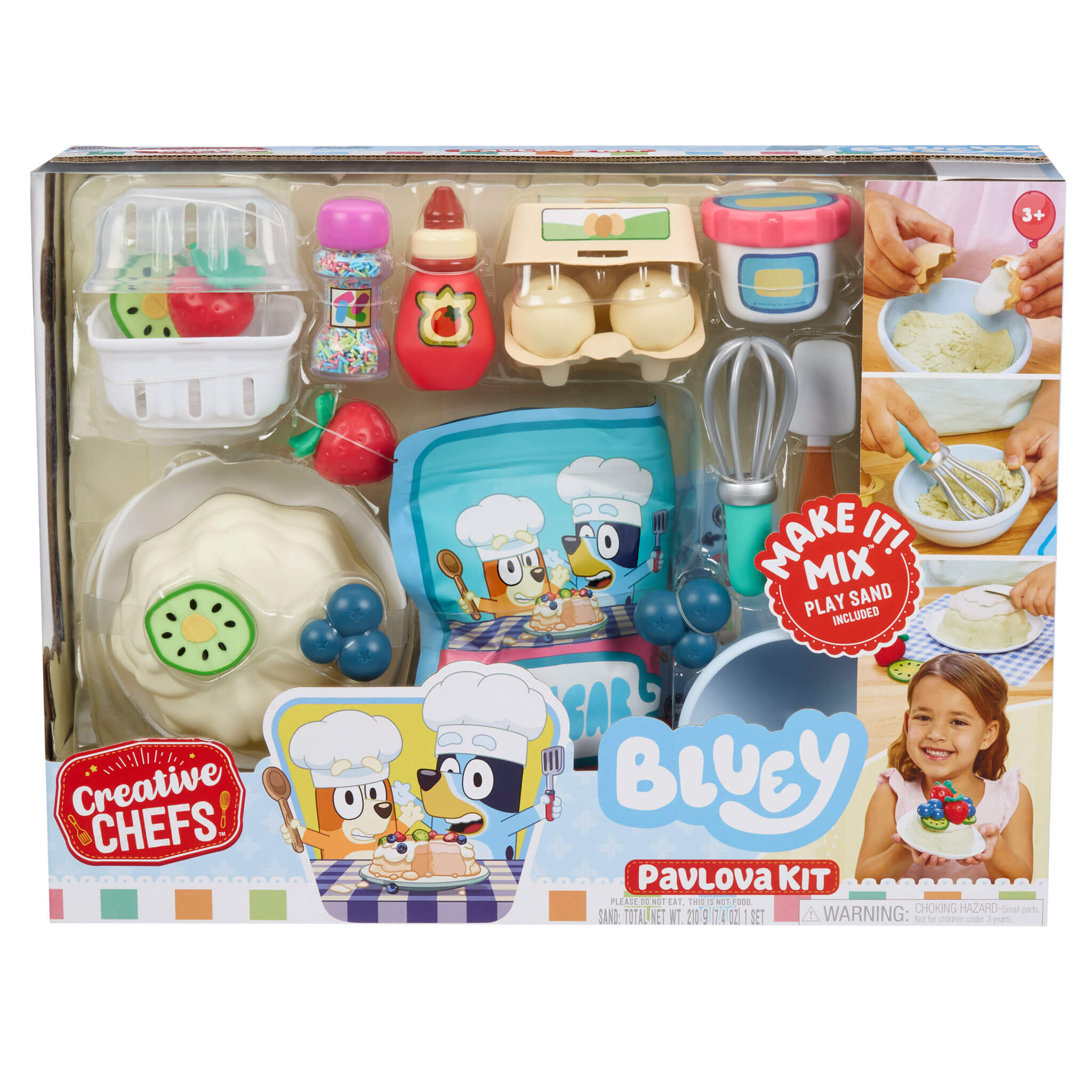 Bluey Pavlova Kit packaging with playset items
